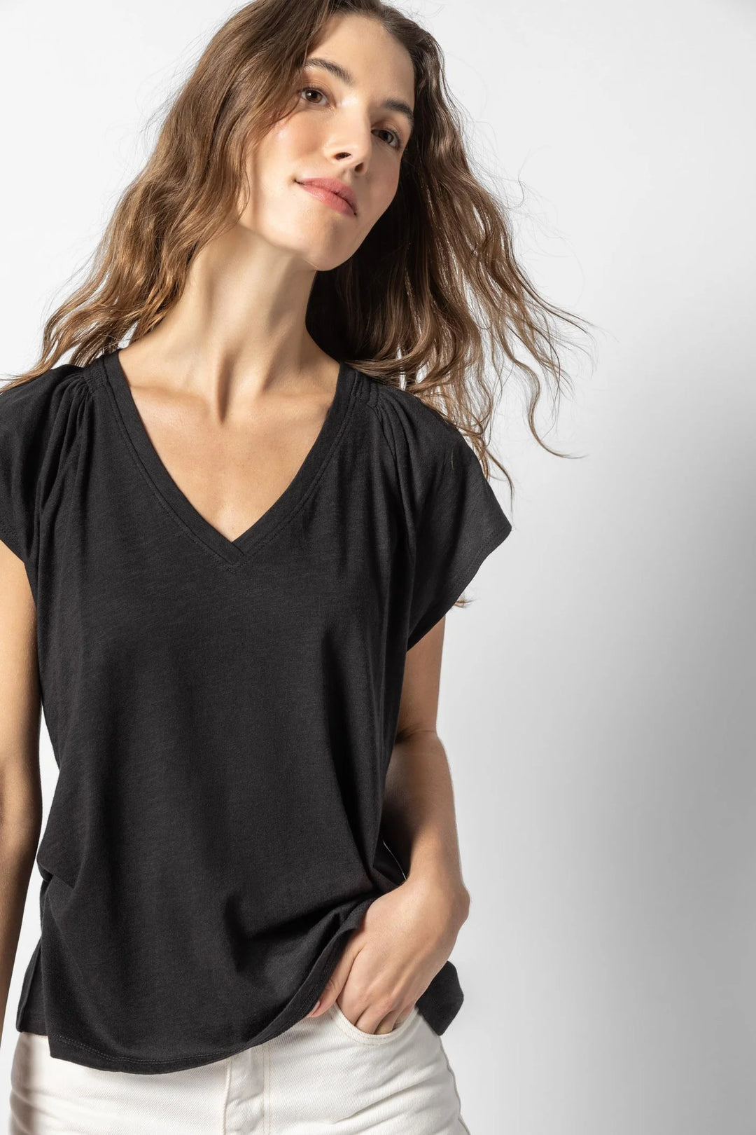 SHIRRED SHOULDER V-NECK - LILLA P