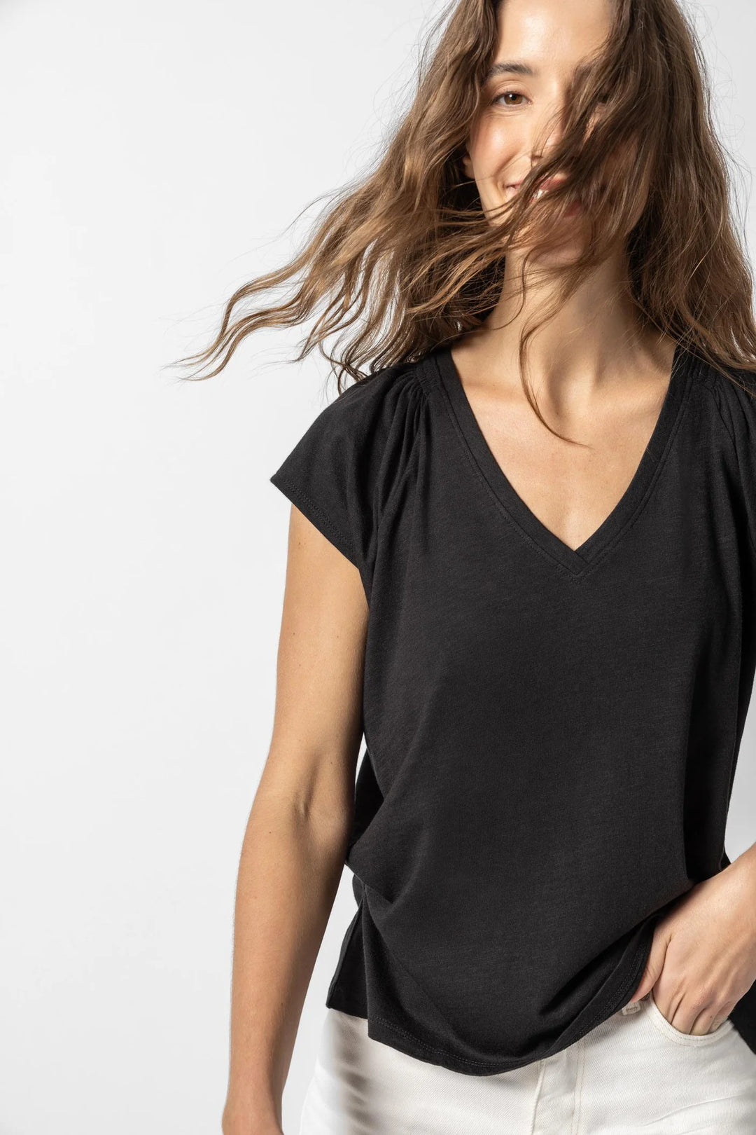 SHIRRED SHOULDER V-NECK - LILLA P