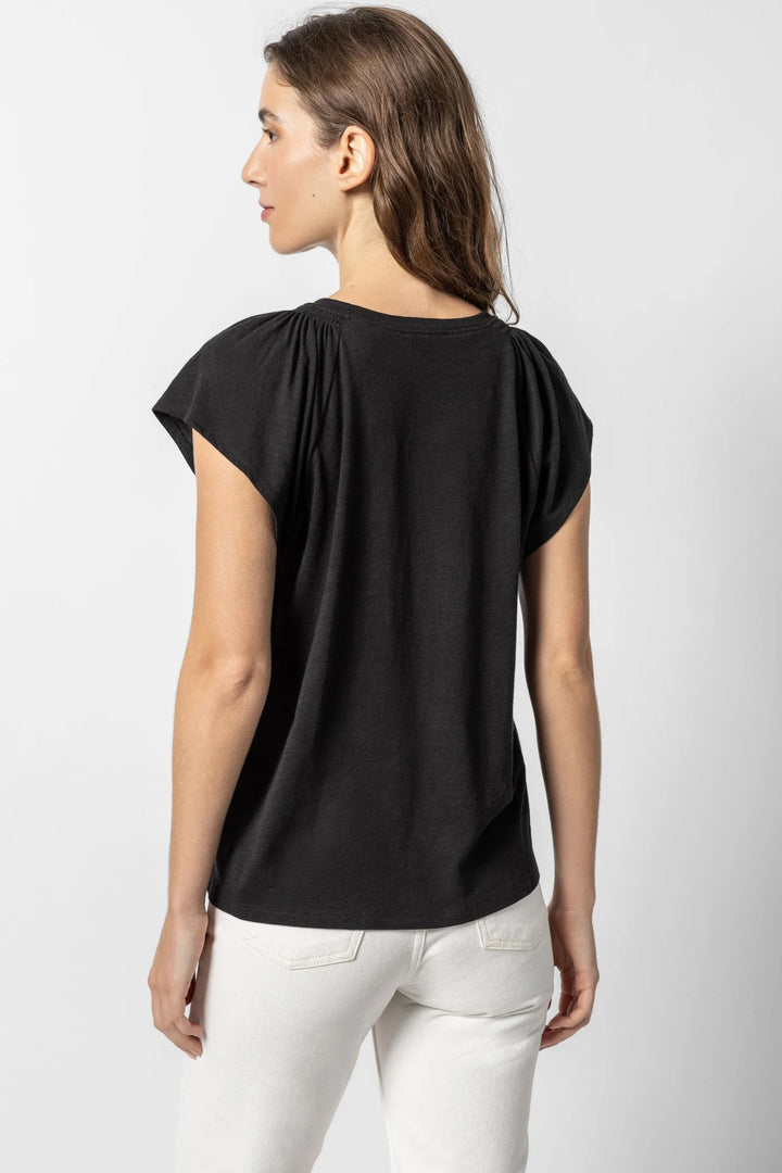 SHIRRED SHOULDER V-NECK - LILLA P