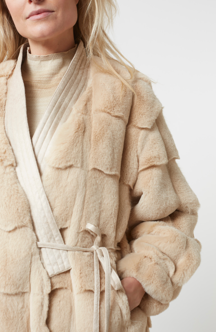 Yaya Sand Faux Fur Kimono Jacket in Natural
